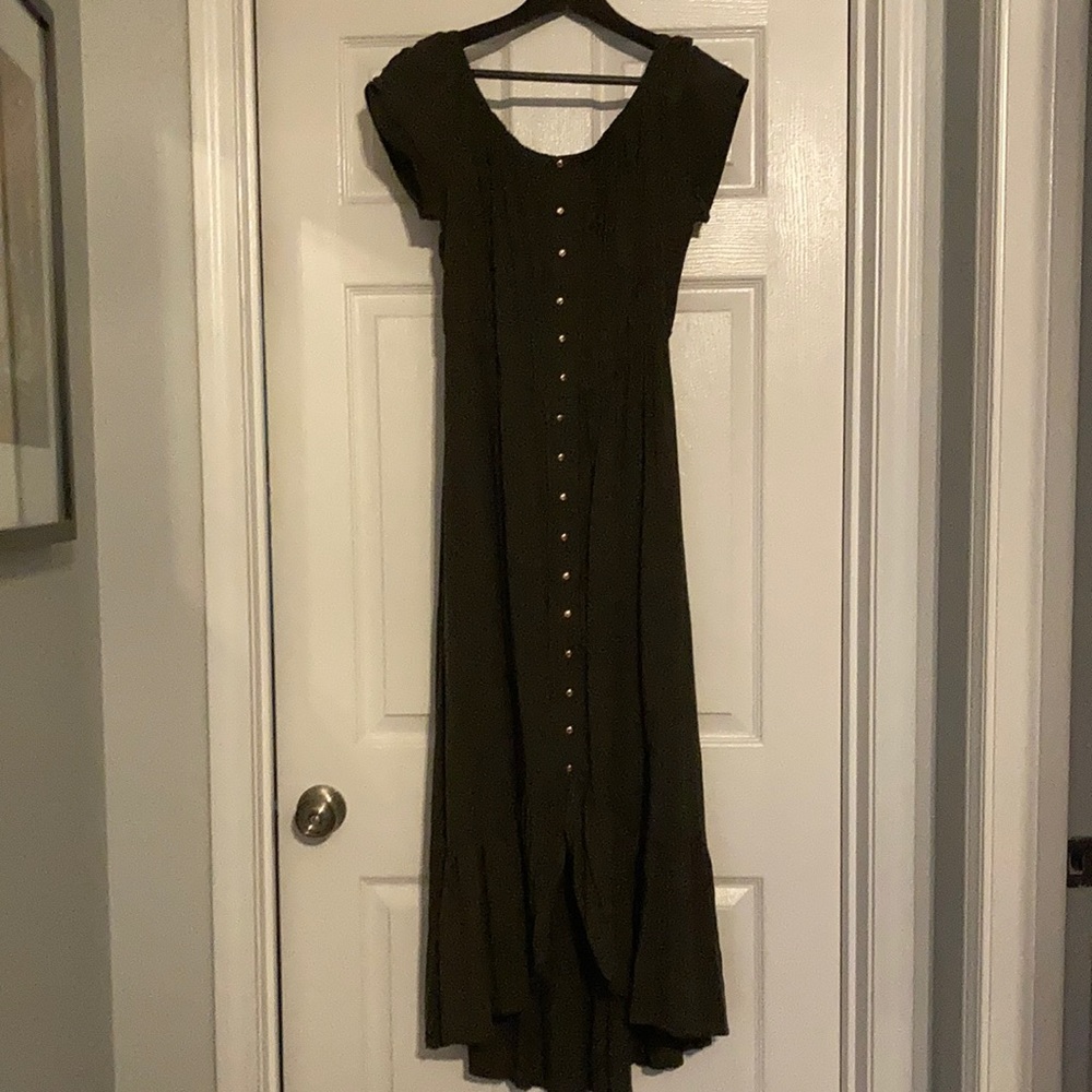 Olive Pheasant dress with ruffle bottom.